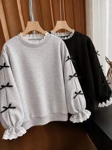 SHEIN Sparklyn 女童韓式刺繡蕾絲領拼接喇叭袖落肩寬鬆套頭運動衫，單件，適中厚度，適合春秋日常休閒、返校、度假穿著 - 灰色 - 查看 4