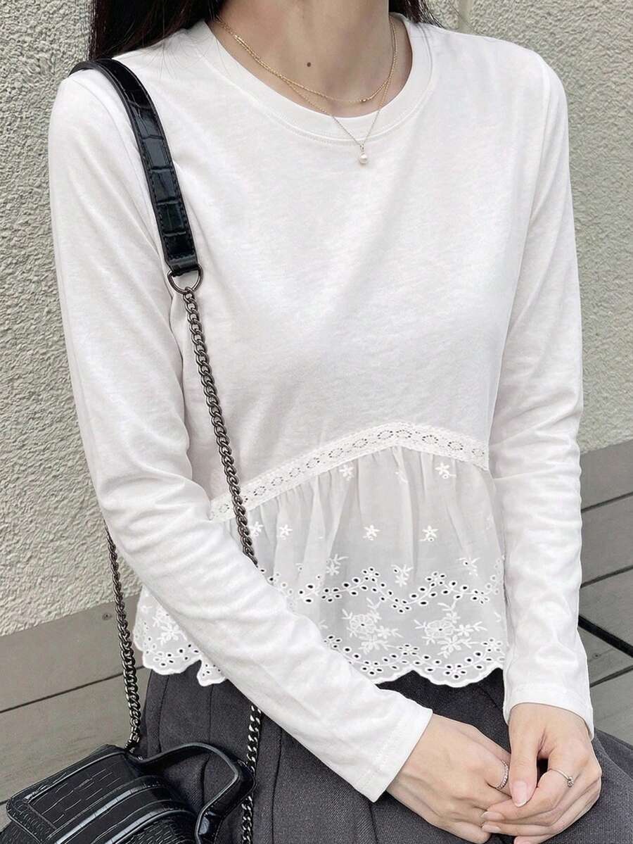 DAZY Women's Solid Color Fitted Round Neck Long Sleeve Patchwork Lace Trim Casual Summer Spring Autumn Top T-Shirt - White - View 1