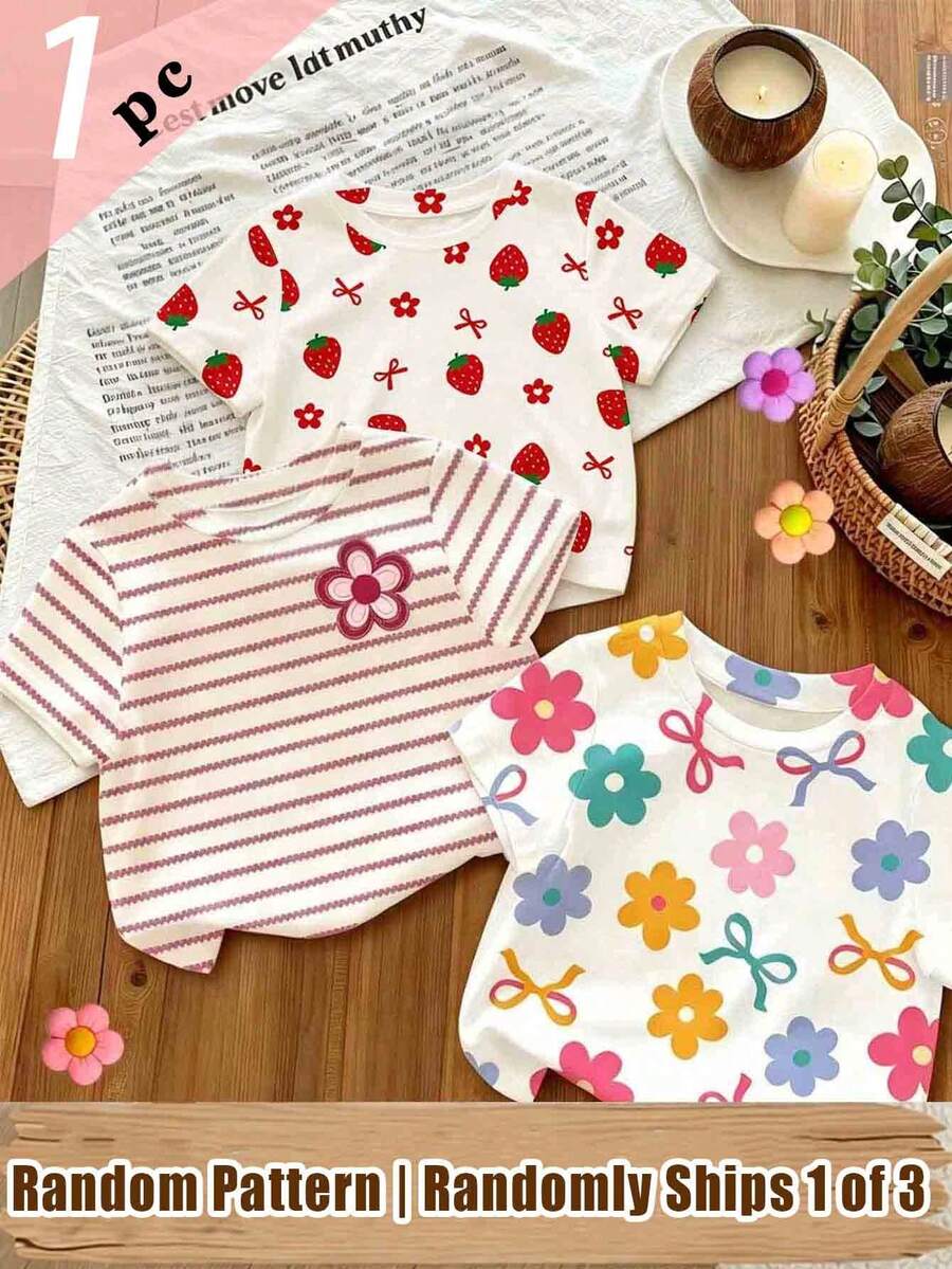 Souflis Souflis (3 piezas aleatorias, se envía 1 pieza) Camiseta corta básica para bebé niña con estampado de rayas de fresa, lazo y flores de arroz coloridas, uso diario para todas las estaciones - Multicolor - Ver 1
