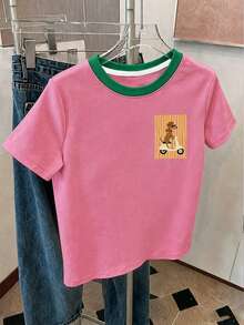 青少年女孩休閒圖案短袖寬鬆落肩T恤，適合夏季 - 彩色 - 查看 4