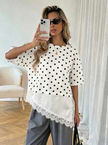 SHEIN PariChic White And Black Polka Dot Print Women's Blouse Lace Trim Asymmetrical Hem Loose Short Sleeve Shirt Brunch Tea Party Summer Casual Elegant - Black and White - View 1