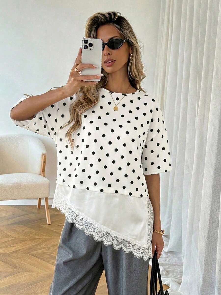 SHEIN PariChic White And Black Polka Dot Print Women's Blouse Lace Trim Asymmetrical Hem Loose Short Sleeve Shirt Brunch Tea Party Summer Casual Elegant - Black and White - View 1