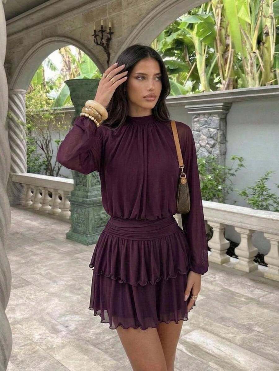 Aloruh Women's Sexy Elegant Halter Waist Ruched Ruffle Hem Long Sleeve Mini Dress - Purple - View 1