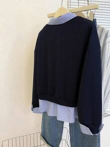 Resyla Sweatshirt Fashion Wanita Serbaguna Gaya Kampus dengan Bordir, Garis-garis, dan Patchwork - Navy Blue - View 2