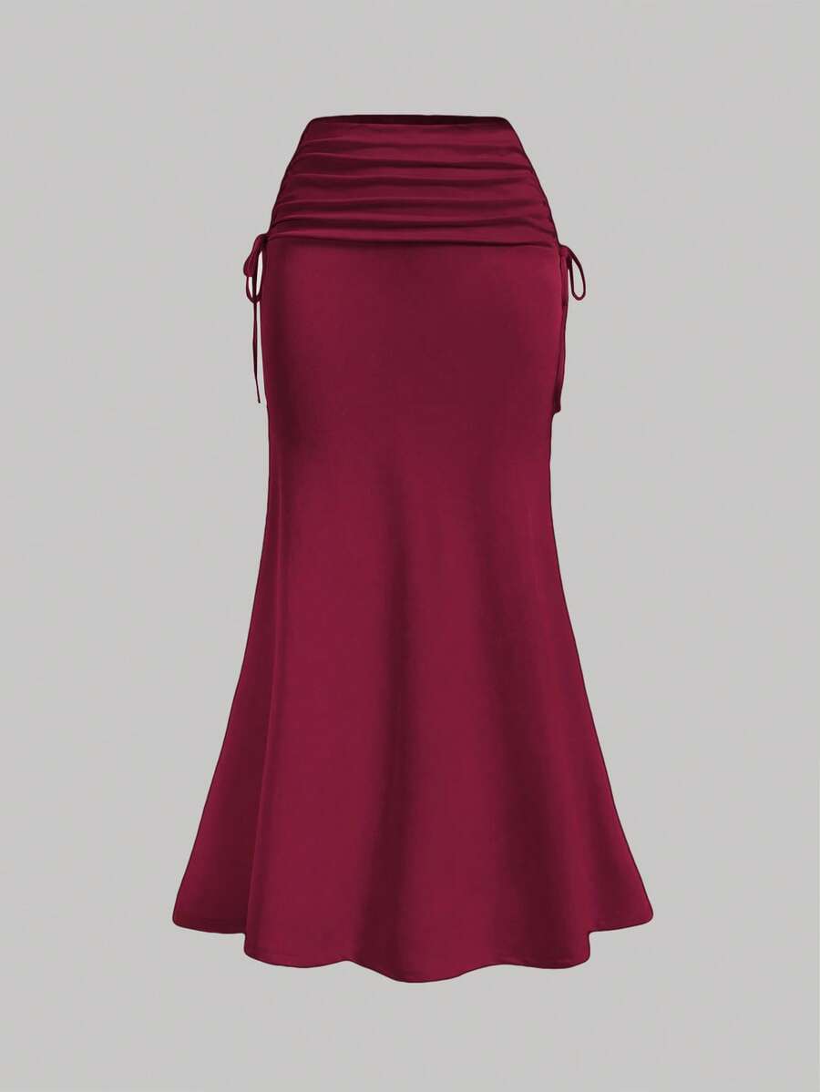 SHEIN MOD Summer Elegant High Waisted Side Drawstring Ruched Hem Fish Tail Skirt - Burgundy - View 1