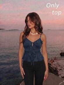 SHEIN MOD Summer Navy Bodycon Ruffle Cup Wireless Bralette With Front Knot And Back Straps - Navy Blue - View 5