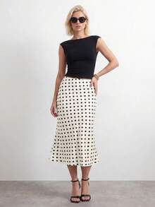 SHEIN PETITE Women's Polka Dot Print Elegant Mermaid Skirt - White - View 7