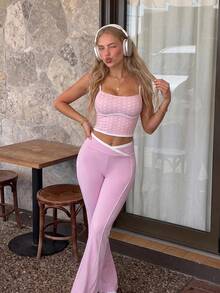 SHEIN Sovereign Charm Women's Colorblock Asymmetric Waist Flare Leg Sports Pants - Pink - View 5