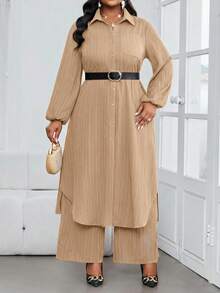 SHEIN Lady 秋冬休閒優雅上班早午餐正式風棕色編織襯衫領主教袖口袋長袖大尺碼套裝 - 卡其色 - 查看 4