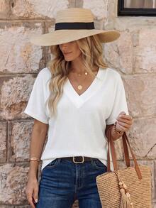 SHEIN Women's V-Neck Short Sleeve T-Shirt - White - View 2