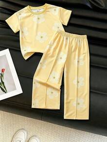 Elladie kids 女童休閒寬鬆落肩豹紋中袖衛衣與運動褲兩件套返校套裝，適合休閒、日常穿著與秋冬校園日常穿著，適用於女童冬季服裝、派對穿著、日常穿著、校園日常穿著、生日套裝、公主套裝、母女與姊妹穿搭 - 黃色 - 查看 3