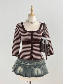 Elamini Women's Striped Contrast Color Button Square Neck 3/4 Sleeve Cute Delicate Versatile Knit Cardigan - Brown - View 5