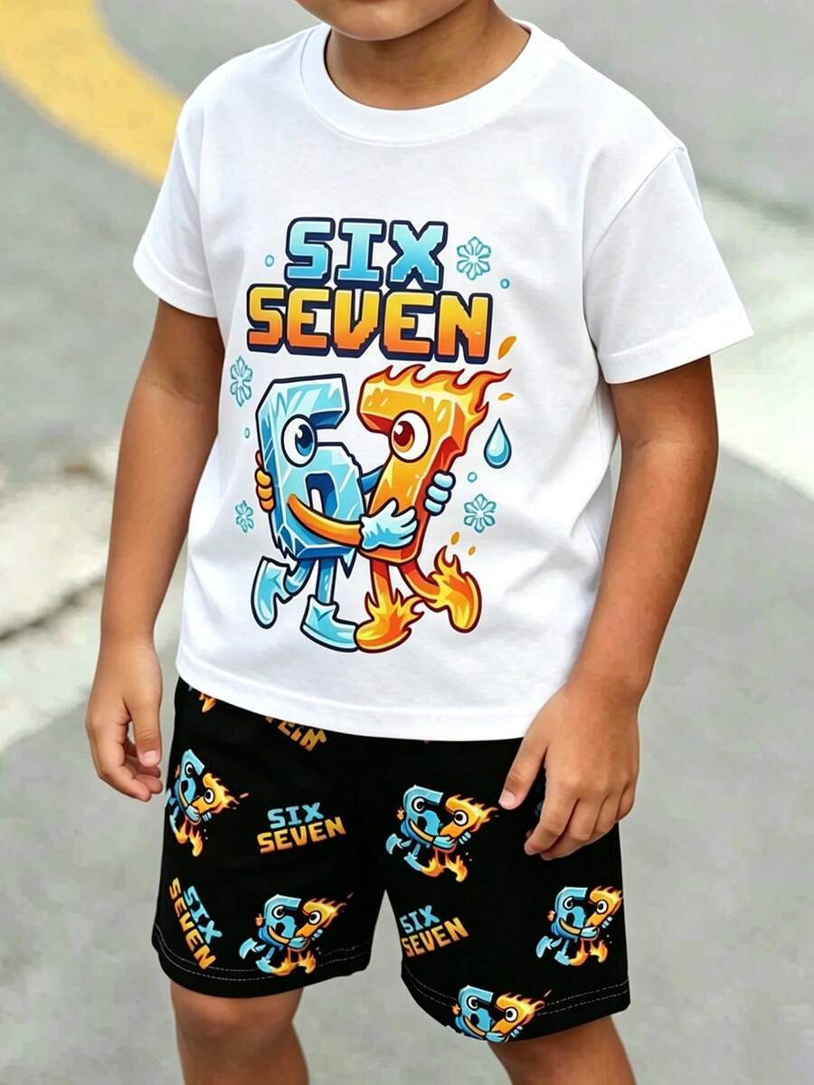 1套青少年男孩夏季新款數位67印花短袖T恤與短褲兩件套,趣味印花搭配鮮豔色彩,酷炫百搭風格,適合校園、外出、聚會、拍照等多種場景,打造造型,也非常適合作為禮物 - 彩色 - 查看 1