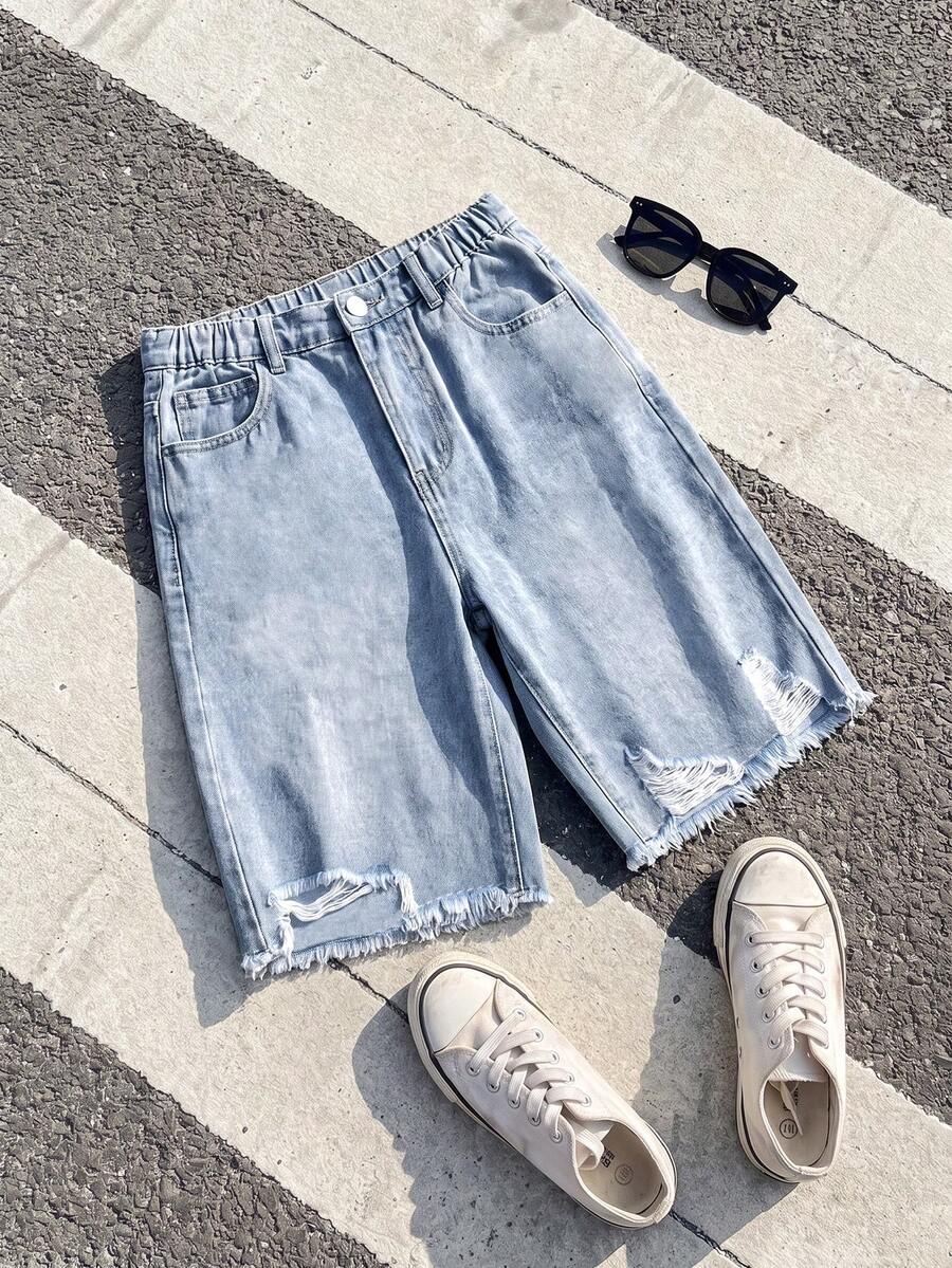 SHEIN 男童牛仔短褲,夏季,柔軟,棉質,休閒街頭風,彈性腰帶,經典五口袋設計,淺藍色水洗百慕達短褲,適合學校 - 淺色水洗藍 - 查看 1