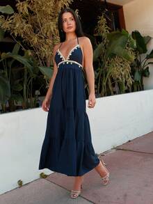 Nelanie Turli Women's Shell Trim Tie Waist Halter Neck Midi Dress Party Elegant - Navy Blue - View 3