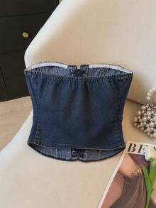 SHEIN MOD 女款時尚百搭繫帶牛仔抹胸上衣 - 深色水洗藍 - 查看 3