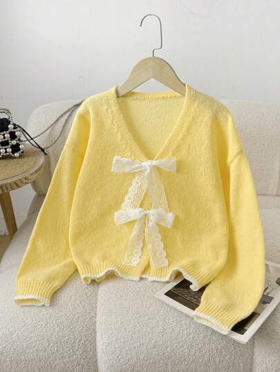 SHEIN Cardigan Kasual Minimalis Nyaman Berbahan Renda dan Lembut untuk Remaja Perempuan, Musim Gugur/Dingin