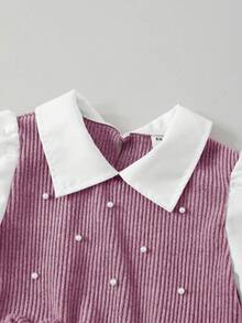 Elladie kids 女童休闲衬衫套装，卡其色蝴蝶结设计，串珠针织罗纹面料，白色长袖荷叶边衬衫上衣搭配卡其色珍珠喇叭裤，两件套，适合返校、休闲、时尚、甜美、舒适的户外旅行装。 - 淡紫色 - 查看 5