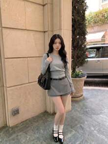 SHEIN MOD Women's Fashion Casual Solid Color Oblique Shoulder Button Gray Sweater In Fall/Winter - Grey - View 2