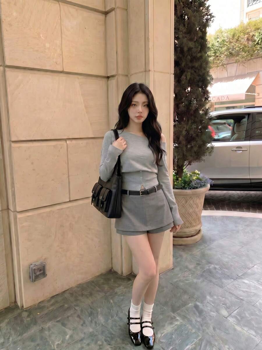 SHEIN MOD Women's Fashion Casual Solid Color Oblique Shoulder Button Gray Sweater In Fall/Winter