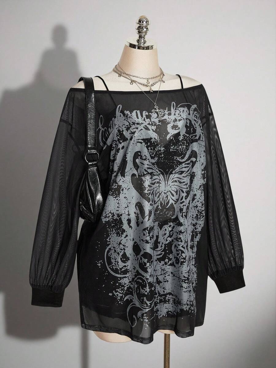 SHEIN ICON 女款大尺碼露肩蝴蝶印花長袖網紗黑色洋裝 - 黑色 - 查看 1