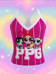 THE POWERPUFF GIRLS X SHEIN 女款字母印花細肩帶背心 - 玫紅色 - 查看 3
