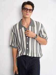 RONVEXI Men's Summer Hollow Knit Short Sleeve Polo Shirt, Casual 80s Open Front Knit Shirt Vacation Gray Vacation Vacation - Light Grey - View 1