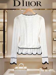 SHEIN Franclia Women's Regular Raglan Sleeve Contrast Trim Decor Round Neck Hollow Button Front White White Cardigan Casual Spring - Black and White - View 2