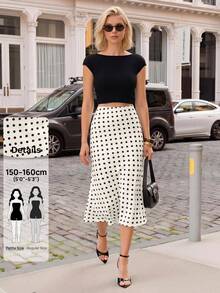 SHEIN PETITE Women's Polka Dot Print Elegant Mermaid Skirt - White - View 8