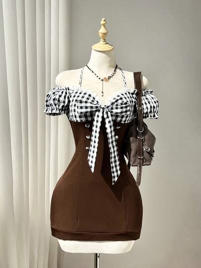 Elamini Women's Autumn/Winter Elegant Vintage Casual Fashion Versatile Daily Commute Streetwear Colorblock Plaid Fabric Patchwork Solid Fabric Bow Decor Hanging Tie Off Shoulder A-Line Short Dress