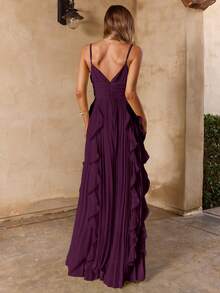 Enchnt Vestido Romántico de Vacaciones con Dobladillo de Volantes Largos, Plisado y Espalda Descubierta - Morado - Ver 6