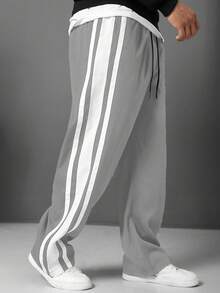 Manfinity Homme Plus Size Men's Casual Straight Leg Pants With Side Stripes And Drawstring Waist - Grey - View 4