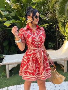 SHEIN SXY 大码印花纽扣连衣裙 - 紅色 - 查看 6