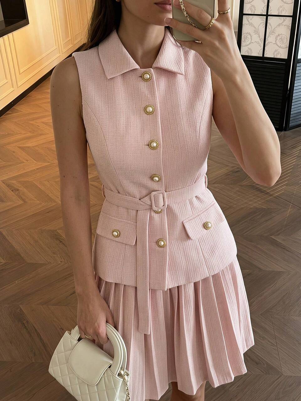 Enchnt Premium Pre-Fall Romantic Women's Elegant Pink Vest And Pleated Skirt Tweed Slimming 2pcs/Set,Back To School,Casual Sets For Women,Work Outfits