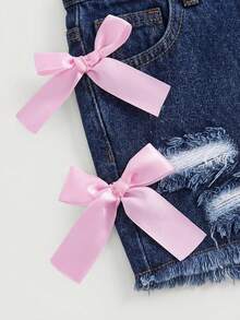 SHEIN Tween女孩蝴蝶結裝飾磨損毛邊牛仔短褲 - 深色水洗藍 - 查看 2
