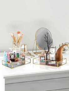 Rectangular Glass Tray, Cosmetics Tray, Jewelry Tray, Gold 1PC - Gold - View 4