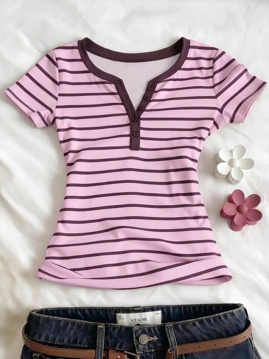 SHEIN 青少年女孩夏季休閒條紋短袖T恤 - 彩色 - 查看 1