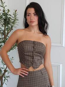 Nelanie Turli Ladies" Summer Buttoned Asymmetric Hem Plaid Bustier Top And Pleated Skirt Set In A College Style Elegant - Multicolor - View 3