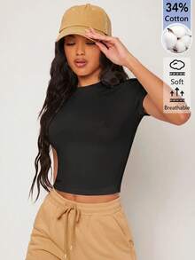SHEIN BASICS 女款純色休閒圓領短袖短版T恤上衣 白色上衣 - 黑色 - 查看 8