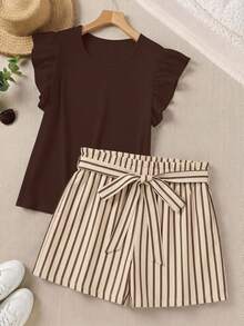 Comfylo Plus Size Brown Cap Sleeve Top And Striped Tie-Waist Shorts 2 Pieces Set - Multicolor - View 1