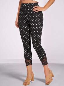 Amorya Women's Polka Dot Print Contrast Lace Fashion 3/4 Length Leggings - Black - View 6
