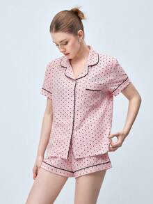 Softvol 2pcs Comfortable Mini Dot Print Pajama Set, Short Sleeve Collared Top With Pocket And Bow Shorts, Women Sleepwear Homewear For All Seasons - Pink - View 3
