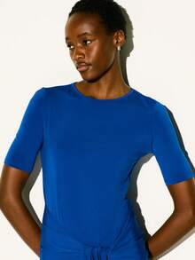 KSTM Short Sleeve Mini Dress With Front Knot Detail And Asymmetric Draped Hem For Summer Brunch Royal Blue Minimalist Elegant - Blue - View 4