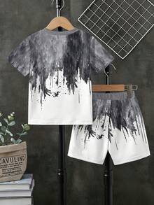 1 Set Boys' Spring/Summer Fashion New Grey & White Gradient Print Short Sleeve & Shorts 2-Piece Outfit, Cool & Stylish Summer Versatile Look, Photo-Ready Outfit, Multi-Wear Summer Style, Suitable For Daily Wear, School, Festivals, Multi-Scenario Boys' Clothing, Great Gift Choice With Atmospheric Vibe - Multicolor - View 2