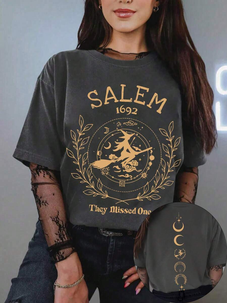 SHEIN LUNE Halloween Witch Girl Print Crew Neck Short-Sleeved T-Shirt - Dark Grey - View 1