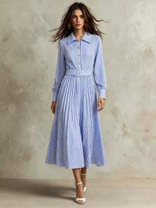 Franclia 優雅秋季藍白條紋長袖襯衫洋裝女款，辦公通勤時尚蕾絲拼接百褶鈕扣上衣洋裝套裝 - 藍色 - 查看 3