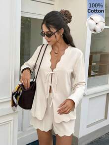 Serisse Women's Elegant 100% Cotton Solid Color Two Piece Set Tie Front Long Sleeve Top And Scallop Shorts Teachers' Day Office Brunch Back To School Autumn - Apricot - View 5