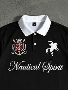 STYNVO 男士字母騎士印花休閒日常長袖 Polo 衫 - 黑色 - 查看 3