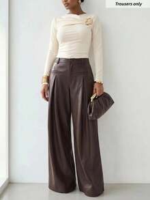 Zivah Women's Fashion Hot Girl PU Material Button Pleated Long Pants - Brown - View 10