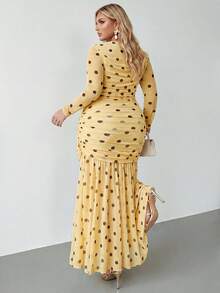 Auralis Plus Size Women Polka Dot Pattern Pleated Long Sleeve Elegant 90s Dress Party Cocktail Wedding Guest Birthday Beach Outfit Going Out Yellow Autumn - Yellow - View 3